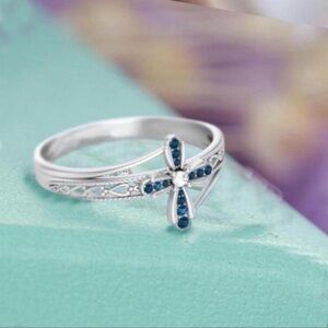 BLUE AND WHITE RHINESTONE CROSS RING